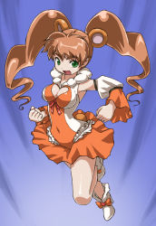 Rule 34 | 1girl, animal ears, bad id, bad pixiv id, bear ears, bear tail, blue background, brown hair, cleavage cutout, clothing cutout, detached sleeves, dress, full body, green eyes, heart, heart cutout, long hair, orange dress, orange skirt, original, precure, rohitsuka, shoes, skirt, smile, solo, tail, twintails