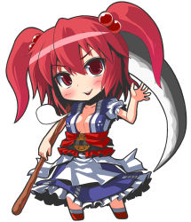 Rule 34 | 1girl, blush, breasts, chibi, cleavage, female focus, hair bobbles, hair ornament, large breasts, onozuka komachi, patorishia, red eyes, red hair, scythe, solo, team shanghai alice, touhou, twintails, two side up