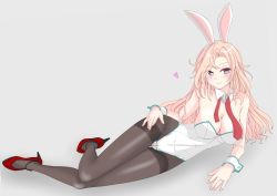Rule 34 | 1girl, animal ears, blonde hair, breasts, cleavage, commentary request, crotch seam, detached collar, full body, grey background, grey eyes, heart, high heels, highres, hornet (kancolle), kantai collection, leotard, long hair, looking at viewer, lying, medium breasts, necktie, nitamako (sakamalh), on side, pantyhose, playboy bunny, rabbit ears, rabbit tail, red footwear, red necktie, simple background, solo, strapless, strapless leotard, tail, thighband pantyhose, white leotard, wrist cuffs