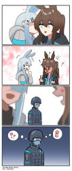 Rule 34 | +++, 1other, 2girls, 4koma, :d, ?, ^^^, absurdres, amiya (arknights), animal ears, arknights, black headwear, black jacket, blush, brown hair, character request, closed eyes, comic, crying, frostnova (arknights), full-face blush, goggles, grey hair, grey jacket, hair between eyes, hair ornament, hairclip, heart, helmet, highres, hood, hood down, hooded jacket, jacket, long hair, multiple girls, open clothes, open jacket, open mouth, profile, rabbit ears, smile, spoken heart, streaming tears, tears, tofudofu, twitter username, wavy mouth
