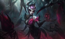Rule 34 | 1girl, absurdres, animal, bare shoulders, bare tree, black dress, black sleeves, breasts, bug, claws, coven elise, detached sleeves, dress, elise (league of legends), forest, highres, large breasts, league of legends, nature, official art, outdoors, parted lips, pink hair, red dress, red sleeves, shiny clothes, short hair, smile, solo, spider, teeth, tree
