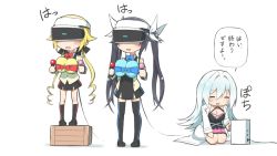 Rule 34 | 3girls, april fools, balloon, black dress, black footwear, black hair, black ribbon, black socks, black thighhighs, blazer, blonde hair, blue bow, blue bowtie, bow, bowtie, box, breast padding, breasts, brown jacket, buttons, cable, chibi, cleavage, closed eyes, controller, dress, drill hair, facing viewer, game console, hair between eyes, hair bow, hair flaps, hair intakes, hair ribbon, halterneck, hand on own thigh, head-mounted display, holding, holding controller, jacket, kneehighs, lab coat, large breasts, long hair, long sleeves, low twintails, multiple girls, open clothes, open jacket, open mouth, ore twintail ni narimasu, playstation 4, playstation vr, red bow, red bowtie, ribbon, seiza, shindou erina, shirt, shoes, short dress, sidelocks, simple background, single vertical stripe, sitting, smile, socks, speech bubble, standing, striped clothes, striped socks, striped thighhighs, talking, thighhighs, translation request, tsube aika, twintails, twoearle, vertical-striped clothes, vertical-striped socks, vertical-striped thighhighs, very long hair, white background, white bow, white shirt, wooden box, yuto (dialique)