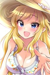 Rule 34 | 10s, 1girl, blonde hair, blue eyes, blush, breasts, cleavage, flower, hat, hat flower, idolmaster, idolmaster cinderella girls, jewelry, large breasts, long hair, looking at viewer, necklace, ohtsuki yui, open mouth, shell, shell necklace, smile, solo, sun hat, trente, upper body