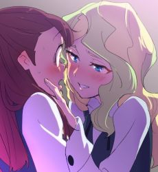 Rule 34 | 10s, 2girls, bad id, bad twitter id, blue eyes, blush, bokujoukun, brown hair, commentary request, diana cavendish, eye contact, half-closed eyes, hand on another&#039;s chin, kagari atsuko, little witch academia, long hair, long sleeves, looking at another, multiple girls, open mouth, red eyes, school uniform, sidelocks, smile, sweat, upper body, white hair, wide-eyed, yuri