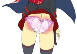 Rule 34 | 1girl, alternate costume, ass, cape, head out of frame, kurouba, lace, lace-trimmed panties, lace trim, panties, pink panties, sekibanki, solo, spanked, touhou, underwear