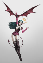 Rule 34 | 1girl, absurdres, arm up, black thighhighs, breasts, cleavage, demon, demon girl, demon tail, earrings, elbow gloves, fangs, full body, gloves, green hair, heart, heart earrings, highres, jewelry, kyung hoon ahn (goldpants), long hair, looking at viewer, medium breasts, open mouth, original, pink eyes, pointy ears, simple background, solo, standing, tail, thigh strap, thighhighs, wings
