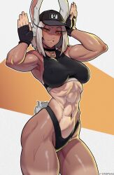 Rule 34 | 1girl, abs, absurdres, animal ears, boku no hero academia, choker, crescent, fingerless gloves, gloves, hat, highres, jewelry, long eyelashes, looking at viewer, mirko, muscular, muscular female, necklace, rabbit ears, rabbit tail, red eyes, signature, solo, stopu, tail, tank top