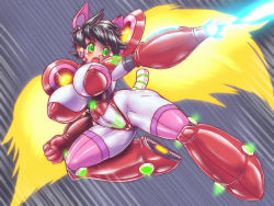 Rule 34 | 1girl, android, arm cannon, black hair, blush, bodysuit, breasts, cameltoe, clenched hand, covered navel, doorknocker, flying, gender request, genderswap, green eyes, highres, hip focus, huge breasts, mecha musume, mega man (character), mega man (classic), mega man (series), open mouth, short hair, skin tight, solo, speed lines, super mega man (mega man), thick thighs, thighs, weapon