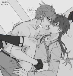 2boys alternate_hairstyle blush calf_socks chinese_text disheveled genshin_impact greyscale legs_up long_hair mating_press missionary monochrome multiple_boys no_shirt saliva saliva_trail sex sleepwalk speech_bubble tartaglia_(genshin_impact) yaoi zhongli_(genshin_impact)