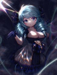 Rule 34 | 1girl, absurdres, bad id, bad pixiv id, blue eyes, blue hair, breasts, chibi, cleavage, dress, drill hair, gloves, gradient background, grey background, gwen (league of legends), hair ribbon, highres, large breasts, league of legends, long hair, looking at viewer, ribbon, solo, twin drills