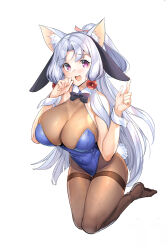 Rule 34 | 1girl, absurdres, ajishio, animal ear fluff, animal ears, blush, bodystocking, bodysuit, bow, bowtie, breasts, cleavage, fake tail, fox ears, grey hair, hands up, high ponytail, highres, kneeling, large breasts, leotard, long hair, no shoes, open mouth, playboy bunny, purple eyes, rabbit tail, see-through, see-through cleavage, sidelocks, simple background, solo, tail, touhoku itako, traditional bowtie, very long hair, voiceroid, white background, wrist cuffs