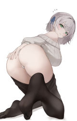 Rule 34 | 1girl, absurdres, ass, blush, breasts, clothes pull, feet, green eyes, haku (liiixixixiii), highres, hololive, huge breasts, looking back, pantyhose, pantyhose pull, shirogane noel, short hair, silver hair, solo, sweat, sweater, thighs, virtual youtuber, white background