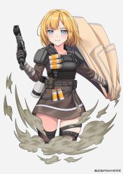 Rule 34 | 1girl, apex legends, armor, artist name, black gloves, blonde hair, blue eyes, closed mouth, gloves, grey background, gun, handgun, highres, holding, holding clothes, holding gun, holding weapon, hololive, hololive english, long sleeves, looking at viewer, pistol, seraphim throne, short hair, simple background, smile, smoke, solo, thighhighs, virtual youtuber, watson amelia, weapon