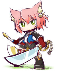 Rule 34 | 1girl, 7th dragon, 7th dragon (series), animal ear fluff, animal ears, axe, battle axe, belt, belt buckle, bike shorts, black footwear, black shorts, blue jacket, blush, boots, buckle, cat ears, closed mouth, commentary request, fighter (7th dragon), full body, gloves, green eyes, hair between eyes, hair bobbles, hair ornament, harukara (7th dragon), holding, holding axe, holding sword, holding weapon, jacket, knee boots, long sleeves, naga u, navel, one side up, pink hair, red gloves, short shorts, shorts, solo, standing, striped clothes, striped thighhighs, sword, thighhighs, thighhighs under boots, v-shaped eyebrows, weapon, white background, white belt