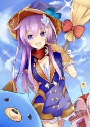 Rule 34 | 1girl, :d, breasts, broom, cleavage, cloud, cloudy sky, day, dogoo, four goddesses online: cyber dimension neptune, gloves, hair ornament, hat, jewelry, jokerace03, long hair, looking at viewer, moon (ornament), nepgear, neptune (series), open mouth, pointing, pointing at self, purple eyes, purple hair, ribbon, scarf, sky, small breasts, smile, solo, witch hat