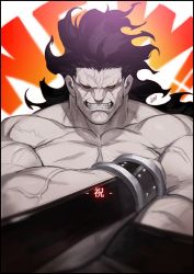 Rule 34 | 1boy, anger vein, armor, artist name, azusa (hws), bara, heracles (fate), black hair, bracelet, clenched teeth, colored sclera, crossed arms, dark skin, dark-skinned male, fate/grand order, fate/stay night, fate (series), glowing, heterochromia, jewelry, large pectorals, long hair, looking at viewer, male focus, manly, muscular, no pupils, pectorals, red sclera, signature, simple background, smile, solo, teeth, upper body, veins, yellow sclera