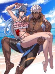 Rule 34 | 1boy, 1girl, barefoot, beach, bikini, blue hair, carrying, carrying person, feet, frilled bikini, frills, highres, jacket, k&#039; (kof), kula diamond, long hair, looking at viewer, open clothes, open jacket, pink bikini, short hair, smile, swimsuit, syachiiro, tan, the king of fighters, toes, tongue, tongue out, topless male, white hair, white headwear