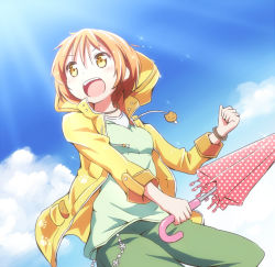 Rule 34 | 10s, 1girl, :d, brown hair, clenched hand, closed umbrella, cloud, day, holding, hoshizora rin, light trail, looking up, love live!, love live! school idol festival, love live! school idol project, open mouth, raincoat, riai (onsen), short hair, sky, smile, solo, umbrella, yellow eyes