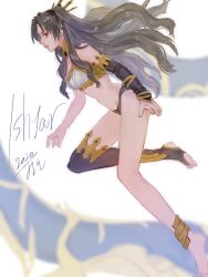 Rule 34 | 1girl, asymmetrical sleeves, black hair, detached sleeves, expressionless, fate/grand order, fate (series), full body, heavenly boat maanna, highres, ishtar (fate), jewelry, long hair, looking at viewer, misomiso211, neck ring, profile, red eyes, sideways glance, single detached sleeve, single thighhigh, sketch, solo, thighhighs, tiara, two side up, uneven sleeves