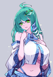 Rule 34 | 1girl, absurdres, antenna hair, bare shoulders, blue skirt, breasts, cleavage, detached sleeves, frog hair ornament, green eyes, green hair, grey background, hair ornament, highres, japanese clothes, kochiya sanae, large breasts, long hair, navel, nontraditional miko, open mouth, raptor7, simple background, skirt, smile, snake hair ornament, solo, touhou, upper body, white sleeves, wide sleeves