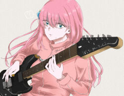 Rule 34 | 1girl, ?, blue eyes, bocchi the rock!, commentary request, copyright name, cube hair ornament, electric guitar, gloom (expression), gotoh hitori, guitar, hair between eyes, hair ornament, highres, holding, holding plectrum, huzya ta, instrument, jacket, long hair, long sleeves, looking at viewer, music, one side up, paper texture, parted lips, pink hair, pink jacket, playing instrument, plectrum, sidelocks, simple background, solo, spoken question mark, sweat, twitter username, upper body