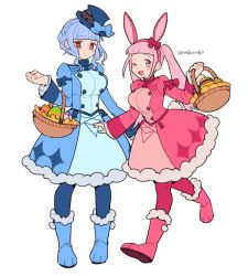 Rule 34 | 2girls, ;d, animal ears, basket, blue bow, blue dress, blue footwear, blue hair, blue headwear, blue legwear, blunt bangs, blush, boots, bow, braid, breasts, brown eyes, crown braid, do m kaeru, dress, easter, fake animal ears, female focus, fire emblem, fire emblem: three houses, full body, fur-trimmed boots, fur trim, hairband, hat, hat bow, hilda valentine goneril, holding, holding basket, large breasts, long hair, long sleeves, looking at viewer, marianne von edmund, matching hair/eyes, multiple girls, nintendo, one eye closed, open mouth, pantyhose, pink dress, pink eyes, pink footwear, pink hair, pink legwear, rabbit ears, smile, standing, top hat, twintails, walking, wink