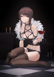 Rule 34 | 1girl, alcohol, arm support, bare shoulders, black choker, black panties, breasts, brown hair, brown thighhighs, candle, choker, cleavage, collarbone, cup, drinking glass, fang, full body, highres, holding, holding cup, lingerie, medium breasts, medium hair, midriff, navel, on floor, original, panties, red eyes, red wine, sitting, solo, strapless, tdc24, thighhighs, thighs, tube top, underwear, wine, wine glass