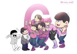 Rule 34 | 6+boys, aged down, animal, antenna hair, baggy pants, black hair, blazer, blush, bowl cut, brown eyes, buttons, cellphone, character doll, child, closed eyes, collared shirt, dog, f6 (osomatsu-san), flying sweatdrops, holding, holding animal, holding dog, holding phone, jacket, looking at another, looking at phone, male focus, mascot costume, matsu symbol, matsuno todomatsu, multiple boys, multiple persona, one eye closed, osomatsu-kun, osomatsu-san, osomatsu-san on stage - six men&#039;s show time, osomatsu-san the movie, osomatsu (series), pants, phone, pointing, pointing at self, rinko ma2, selfie, shirt, smartphone, taking picture, v, voice actor, waving