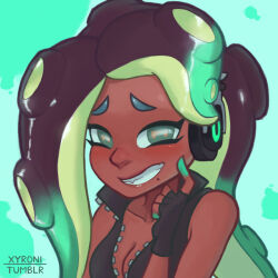 Rule 34 | 1girl, arms up, artist name, black shirt, breasts, dark skin, grey eyes, hand on own face, headphones breasts, jacket, long hair, marina (splatoon), medium breasts, nintendo, nose, octoling, open clothes, open jacket, shirt, simple background, smile, solo, splatoon (series), teeth, tipped fingers, xyronii