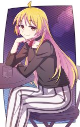Rule 34 | 1girl, ahoge, black choker, black shirt, blonde hair, bocchi the rock!, chair, choker, closed mouth, collarbone, crossed legs, e20, hand up, highres, ijichi seika, long hair, long sleeves, looking at viewer, on chair, pants, red eyes, shirt, sitting, smile, solo, striped clothes, striped pants, table, vertical-striped clothes, vertical-striped pants, very long hair, white pants
