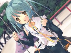 Rule 34 | 1girl, :d, anzu, aqua hair, black dress, blue hair, blush, brown eyes, cowboy shot, cross, day, dress, dutch angle, game cg, ito noizi, long sleeves, looking at viewer, open mouth, outdoors, park, peace@pieces, ponytail, short hair, smile, solo, swing, yellow eyes