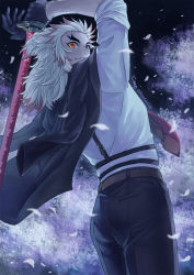 Rule 34 | 1boy, arms up, ass, belt, black gloves, black jacket, black pants, blonde hair, brown belt, brown hair, cherry blossoms, closed mouth, cowboy shot, forked eyebrows, from behind, gloves, highres, holding, holding sword, holding weapon, jacket, jacket on shoulders, katana, kimetsu no yaiba, long hair, looking back, male focus, multicolored hair, necktie, night, pants, red necktie, remsor076, rengoku kyoujurou, sheath, sheathed, shirt, sleeves rolled up, smile, solo, spring (season), standing, sword, two-tone hair, weapon, white shirt, yellow eyes