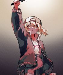 Rule 34 | 1girl, :&lt;, azusawa kohane, backwards hat, baseball cap, black shirt, black shorts, blonde hair, bumgae, commentary request, gradient background, hand up, hat, high-waist pants, high-waist shorts, highres, holding, holding microphone, korean commentary, long sleeves, looking at viewer, microphone, pants, project sekai, serious, shirt, shirt tucked in, short twintails, shorts, solo, twintails, v-shaped eyebrows, white shirt, yellow eyes, zipper