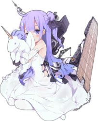 Rule 34 | 1girl, ahoge, azur lane, bare shoulders, black background, black bow, black ribbon, blush, bow, breasts, cannon, clothing cutout, covered mouth, covering own mouth, detached sleeves, dress, dress bow, flight deck, full body, hair between eyes, hair bun, hair ornament, hair ribbon, halterneck, headgear, hugging doll, hugging object, kaede (yumesaki kaede), lace, lace trim, long hair, long sleeves, looking at viewer, machinery, off-shoulder dress, off shoulder, official art, one side up, pantyhose, purple eyes, purple hair, ribbon, rigging, see-through, side cutout, sidelocks, simple background, single hair bun, single side bun, sitting, sleeveless, sleeves past wrists, solo, stuffed animal, stuffed toy, stuffed unicorn, stuffed winged unicorn, thighhighs, transparent background, turret, unicorn (azur lane), very long hair, wariza, white dress, white footwear, white pantyhose, white thighhighs