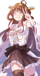 Rule 34 | 10s, 1girl, ahoge, brown hair, grin, hairband, headgear, japanese clothes, jewelry, kantai collection, kongou (kancolle), li luo, long hair, nontraditional miko, ring, smile, solo, thighhighs, v, wedding band