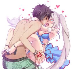 Rule 34 | 1boy, 1girl, bare shoulders, bikini, black hair, blue bikini, blue eyes, blush, breasts, censored, command spell, fate/grand order, fate (series), fujimaru ritsuka (male), green shorts, grey hair, hetero, kiss, large breasts, leg lock, lifting person, long hair, marie antoinette (fate), marie antoinette (fate/grand order), marie antoinette (swimsuit caster) (fate), marie antoinette (swimsuit caster) (third ascension) (fate), mori marimo, nipples, open mouth, penis, pussy, sex, short hair, shorts, smile, spread legs, suspended congress, swimsuit, tongue, tongue out, twintails, vaginal