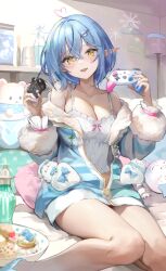Rule 34 | 1girl, ahoge, bare legs, bare shoulders, blue bow, blue hair, blue jacket, blush, bottle, bow, breasts, camisole, cleavage, clothes hanger, commentary request, controller, crossed bangs, daifuku (yukihana lamy), dyed ahoge, food, frilled camisole, frills, fur-trimmed jacket, fur trim, furofuroppi, game controller, hair between eyes, hands up, head tilt, heart, heart ahoge, highres, holding, holding controller, holding game controller, hololive, indoors, jacket, lamp, large breasts, long sleeves, looking at viewer, messy hair, multicolored hair, off shoulder, official alternate costume, open clothes, open jacket, open mouth, pastry, plate, pointy ears, polka dot camisole, shelf, sitting, smile, solo, spaghetti strap, streaked hair, striped clothes, striped jacket, stuffed toy, thighs, unzipped, virtual youtuber, white camisole, yellow eyes, yukihana lamy, yukihana lamy (loungewear), yukimin (yukihana lamy), zipper pull tab