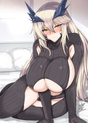 Rule 34 | 1girl, artoria pendragon (fate), artoria pendragon (lancer alter) (fate), bed, blonde hair, blush, breasts, cleavage, cleavage cutout, clothing cutout, commission, fate/grand order, fate (series), hair between eyes, highres, horns, large breasts, long hair, looking at viewer, pillow, skeb commission, underboob, yasakani an