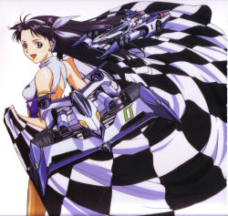 Rule 34 | 1990s (style), 1girl, absurdres, artbook, checkered flag, female focus, flag, future gpx cyber formula, highres, hisayuki hirokazu, long hair, looking at viewer, looking back, pantyhose, race car, race queen, retro artstyle, scan, simple background, smile, solo, standing, white background, yuuki rena