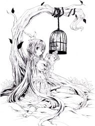 Rule 34 | 1girl, bird, birdcage, book, cage, dress, from side, greyscale, heart out of chest, highres, juliet sleeves, kneeling, komota (kanyou shoujo), long hair, long sleeves, looking at viewer, looking to the side, monochrome, original, parted lips, pillow, puffy sleeves, simple background, sleeve ribbon, solo, tree, very long hair, white background