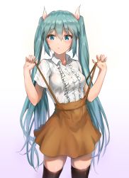 Rule 34 | 1girl, absurdres, alternate costume, aqua eyes, aqua hair, black thighhighs, brown skirt, commentary, cowboy shot, english commentary, expressionless, hair ornament, hands up, hatsune miku, highres, kitk qun, long hair, looking to the side, see-through, shirt, shirt tucked in, short sleeves, simple background, skirt, solo, suspender skirt, suspenders, suspenders pull, thighhighs, twintails, very long hair, vocaloid, white shirt, zettai ryouiki