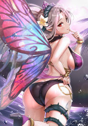 Rule 34 | 1girl, absurdres, adjusting clothes, adjusting swimsuit, alternate costume, ass, bikini, black bikini, blush, bracelet, breasts, butt crack, commentary request, facial mark, fairy wings, fingernails, fire emblem, fire emblem heroes, flower, forehead mark, from behind, gonzarez, grey hair, hair flower, hair ornament, highres, jewelry, large breasts, leg up, lips, long hair, looking back, moon, night, nintendo, palm tree, parted bangs, plumeria (fire emblem), pointy ears, red eyes, seductive smile, sideboob, smile, solo, sweat, sweatdrop, swimsuit, thigh strap, thighs, thorns, tree, water, wings