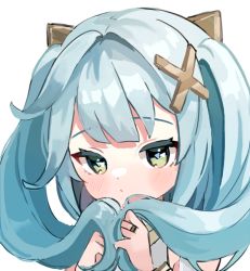 Rule 34 | 1girl, aqua hair, bangle, blunt bangs, blush, bracelet, faruzan (genshin impact), genshin impact, green eyes, hair ornament, holding, holding own hair, jewelry, long hair, looking at viewer, miyako draw, portrait, ring, simple background, solo, symbol-shaped pupils, triangle-shaped pupils, twintails, white background, x hair ornament