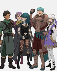 Rule 34 | 2boys, 3girls, :o, arm wrap, armor, armored boots, armored dress, bernadetta von varley, black dress, black footwear, blue eyes, blue hair, blush, boots, bow, breastplate, breasts, brown footwear, brown hair, brown legwear, byleth (female) (fire emblem), byleth (fire emblem), caspar von bergliez, clenched hand, closed eyes, closed mouth, clothing cutout, coat, coat on shoulders, crossed arms, crying, crying with eyes open, cyril (fire emblem), dark-skinned male, dark skin, dress, eyebrows hidden by hair, fire emblem, fire emblem: three houses, full body, green pants, green shirt, grey background, grey coat, hair bow, hair ornament, hand on own hip, hands on own hips, high heel boots, high heels, highres, leg armor, light blue hair, light smile, long hair, long sleeves, looking at another, looking back, lysithea von ordelia, medium breasts, medium hair, midriff, multiple boys, multiple girls, navel, navel cutout, nintendo, open mouth, pants, pantyhose, parted bangs, purple dress, purple eyes, purple hair, red eyes, red pants, shirt, shishima eichi, short hair, shoulder armor, sidelocks, simple background, small breasts, smile, smirk, smug, standing, tassel, tassel hair ornament, tears, trait connection, vambraces, wavy mouth, white footwear, white hair, white legwear, wide sleeves