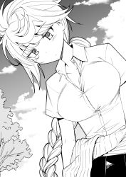 Rule 34 | 1girl, alternate costume, braid, breasts, clothes around waist, cloud, commentary request, dress shirt, dutch angle, expressionless, greyscale, highres, jacket, jacket around waist, kantai collection, large breasts, long hair, masukuza j, monochrome, outdoors, shirt, single braid, solo, unryuu (kancolle), upper body