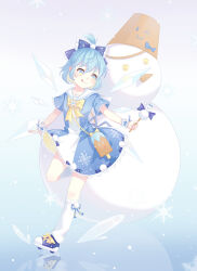 Rule 34 | 1girl, :q, alternate costume, blue bow, blue dress, blue hair, bow, bowtie, bucket, bucket on head, cirno, commentary, detached wings, dress, english commentary, footwear bow, gradient eyes, hair bow, highres, holding, ice, ice wings, inline skates, leg up, light blush, multicolored eyes, object on head, roller skates, short hair, short sleeves, skates, smile, snowflake ornament, snowflake print, snowflakes, snowman, socks, solo, tongue, tongue out, touhou, vikramjoti, white socks, wings, wrist cuffs, yellow bow, yellow bowtie