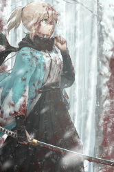 Rule 34 | 1girl, adjusting scarf, blood, blood on clothes, blood on face, bloody weapon, dripping, fate/grand order, fate (series), hakama, hakama skirt, haori, highres, holding, holding sword, holding weapon, japanese clothes, katana, okita souji (fate), okita souji (koha-ace), ponytail, profile, scarf, skirt, snow, solo, sterben, sword, weapon