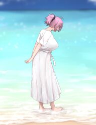 Rule 34 | 1girl, alternate costume, aoba (kancolle), arms behind back, barefoot, beach, breasts, day, dress, hair ornament, hair scrunchie, highres, ikadamo, kantai collection, large breasts, ocean, outdoors, pink hair, ponytail, scrunchie, short sleeves, solo, standing, walking, water, white dress
