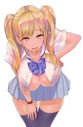 Rule 34 | 1girl, blonde hair, breasts, bursting breasts, cleavage, gyaru, highres, large breasts, open clothes, open shirt, school uniform, solo, thighhighs, twintails, ueda torini