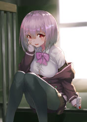 Rule 34 | 10s, 1girl, :d, black pantyhose, bow, bowtie, breasts, commentary request, gridman universe, highres, jonsun, large breasts, light purple hair, long sleeves, looking at viewer, open mouth, pantyhose, pink bow, pink bowtie, red eyes, shinjou akane, shirt, short hair, sitting, sitting on stairs, smile, solo, ssss.gridman, stairs, white shirt